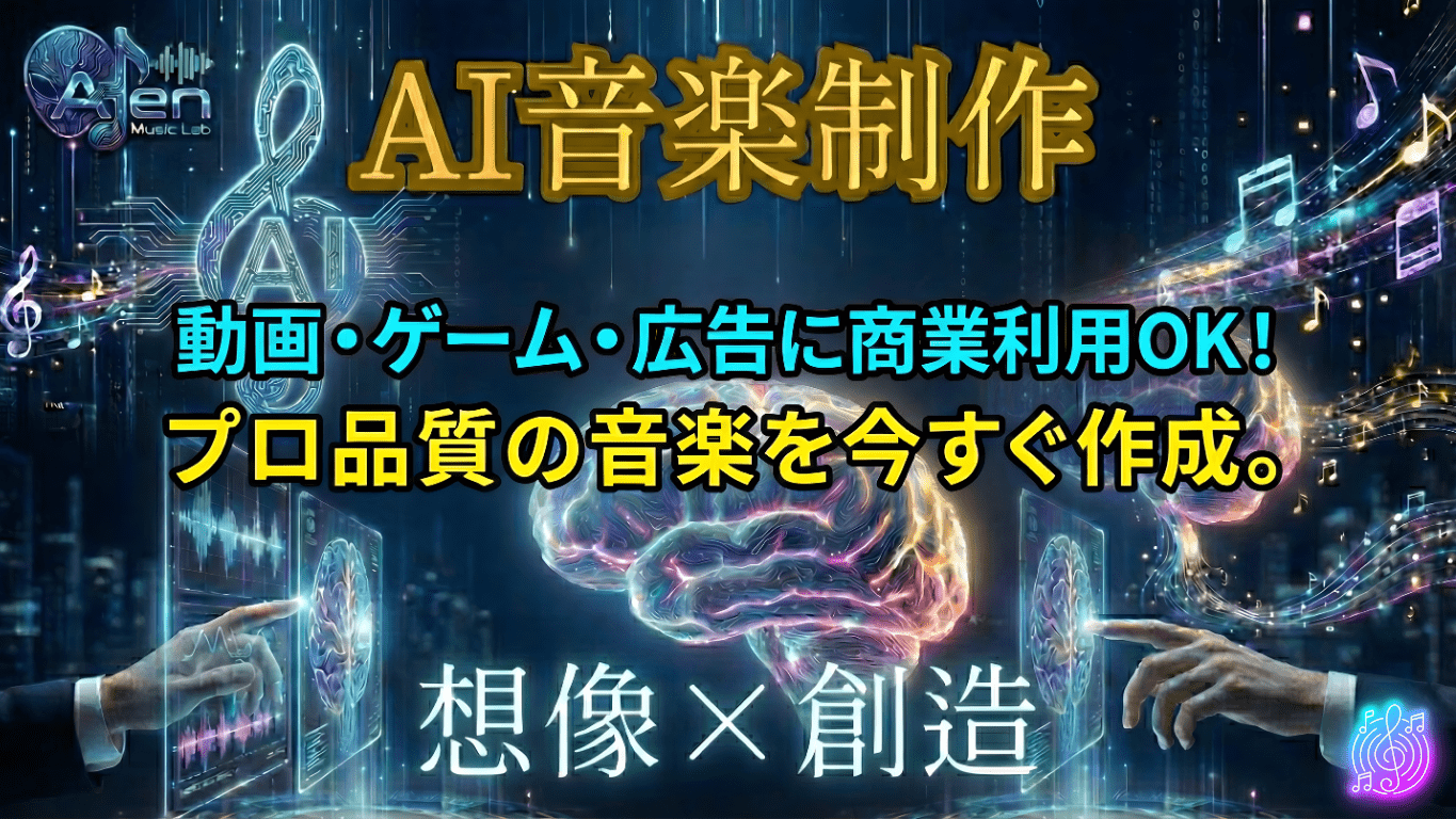 AI音楽制作　AI音楽制作で叶える低コスト×高品質な楽曲　AI×音楽であなたのアイデアを瞬時にメロディーへ　AI×人間のハイブリッド音楽制作サービス　AI作曲であなただけのオリジナル音楽を制作　動画・ゲーム・広告に商用利用OK! プロ品質の音楽を今すぐ作成　想像×創造　AIen Music Lab